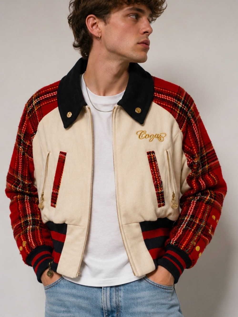 COOGI Cream & Red Plaid Bomber Jacket with Black Collar